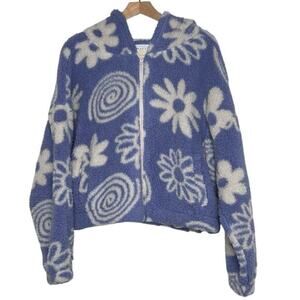 Cali 1850 Floral Periwinkle Sherpa Fleece Jacket Hoodie Full Zip Cozy‎ Women XL